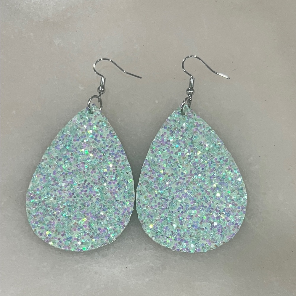 Glittering Teardrop Earrings in Silver and Green - Picture 1 of 3